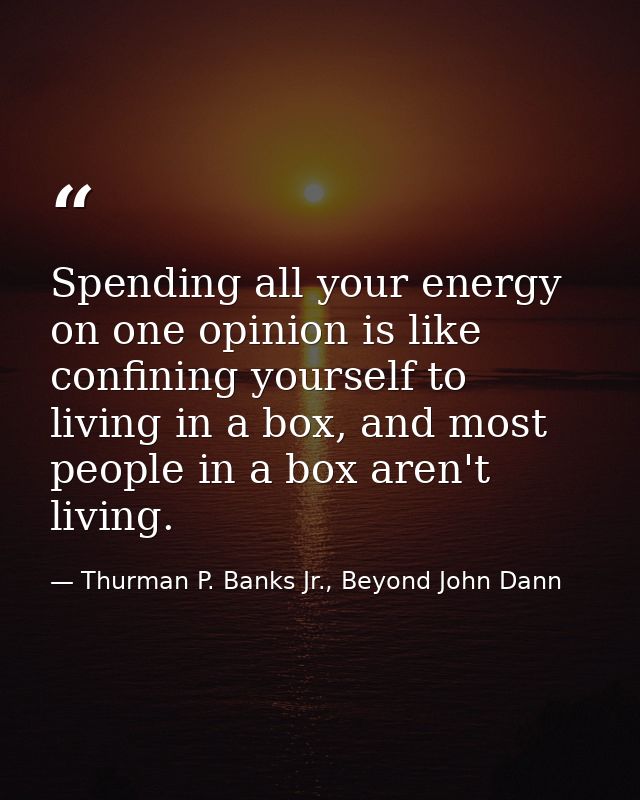 Spending all your energy on one opinion is like confining yourself to living in a box, and most people in a box aren't l — Thurman P. Banks Jr., Beyond John Dann