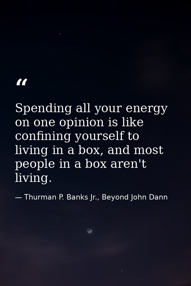 Spending all your energy on one opinion is like confining yourself to living in a box, and most people in a box aren't l — Thurman P. Banks Jr., Beyond John Dann