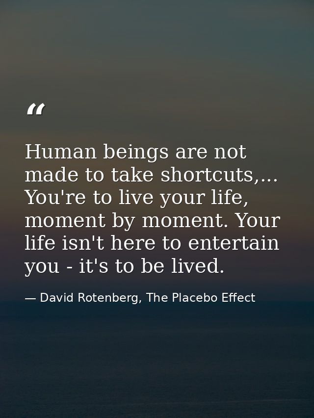Human beings are not made to take shortcuts,... You're to live your life, moment by moment. Your life isn't here to ente — David Rotenberg, The Placebo Effect