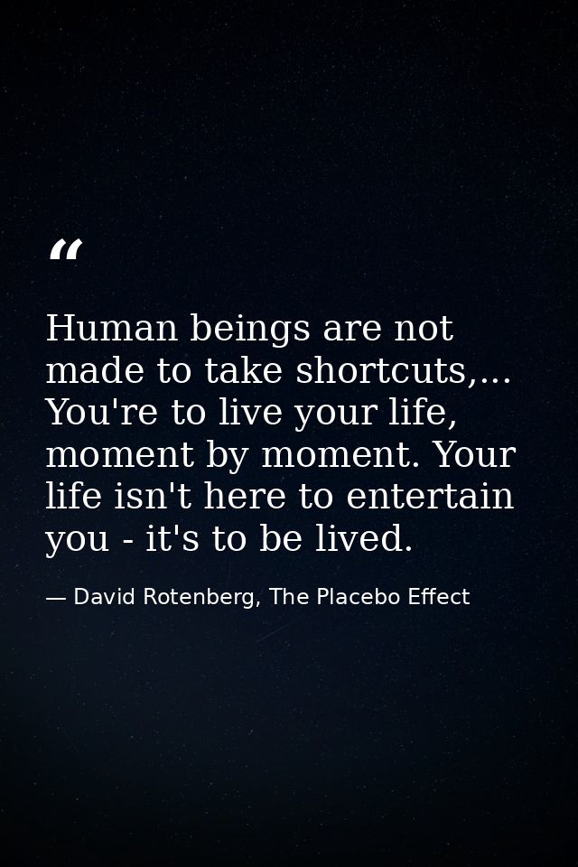 Human beings are not made to take shortcuts,... You're to live your life, moment by moment. Your life isn't here to ente — David Rotenberg, The Placebo Effect