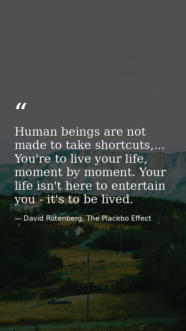 Human beings are not made to take shortcuts,... You're to live your life, moment by moment. Your life isn't here to ente — David Rotenberg, The Placebo Effect