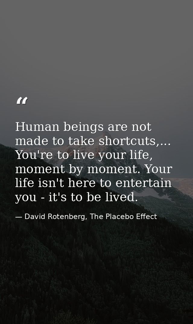 Human beings are not made to take shortcuts,... You're to live your life, moment by moment. Your life isn't here to ente — David Rotenberg, The Placebo Effect