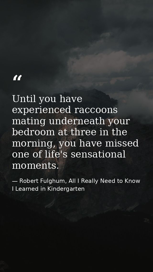 Until you have experienced raccoons mating underneath your bedroom at three in the morning, you have missed one of life' — Robert Fulghum, All I Really Need to Know I Learned in Kindergarten