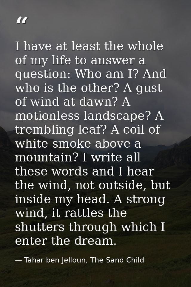 I have at least the whole of my life to answer a question: Who am I? And who is the other? A gust of wind at dawn? A mot — Tahar ben Jelloun, The Sand Child
