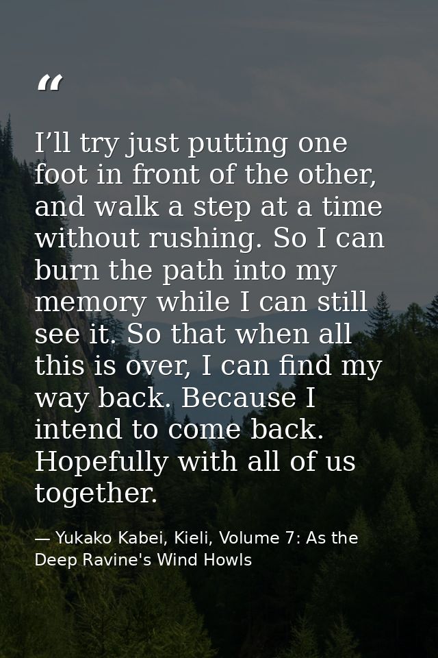 I’ll try just putting one foot in front of the other, and walk a step at a time without rushing. So I can burn the path  — Yukako Kabei, Kieli, Volume 7: As the Deep Ravine's Wind Howls