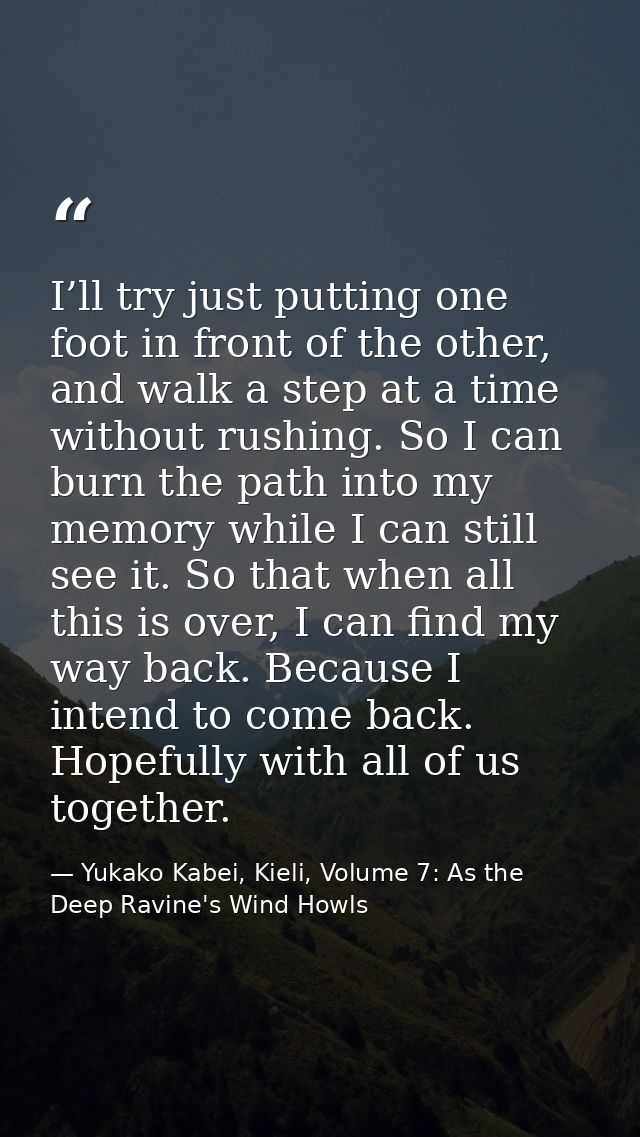 I’ll try just putting one foot in front of the other, and walk a step at a time without rushing. So I can burn the path  — Yukako Kabei, Kieli, Volume 7: As the Deep Ravine's Wind Howls