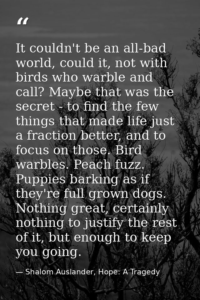 It couldn't be an all-bad world, could it, not with birds who warble and call? Maybe that was the secret - to find the f — Shalom Auslander, Hope: A Tragedy