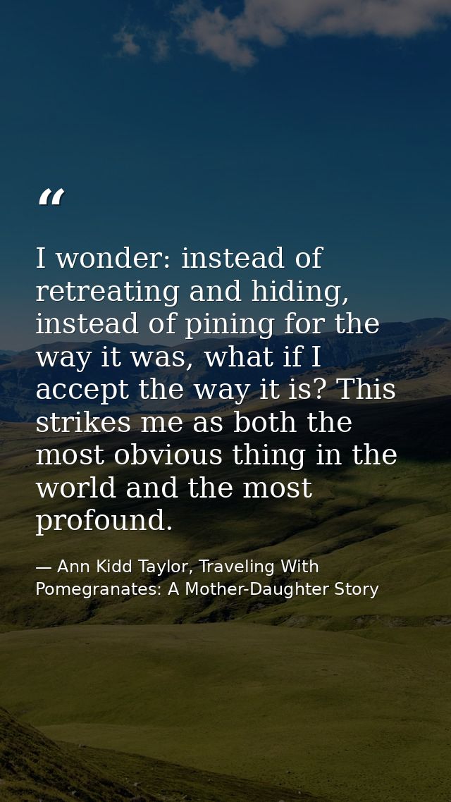 I wonder: instead of retreating and hiding, instead of pining for the way it was, what if I accept the way it is? This s — Ann Kidd Taylor, Traveling With Pomegranates: A Mother-Daughter Story