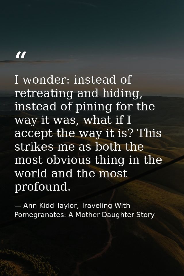 I wonder: instead of retreating and hiding, instead of pining for the way it was, what if I accept the way it is? This s — Ann Kidd Taylor, Traveling With Pomegranates: A Mother-Daughter Story