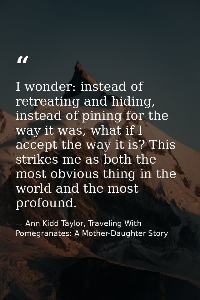 I wonder: instead of retreating and hiding, instead of pining for the way it was, what if I accept the way it is? This s — Ann Kidd Taylor, Traveling With Pomegranates: A Mother-Daughter Story