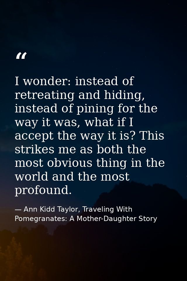 I wonder: instead of retreating and hiding, instead of pining for the way it was, what if I accept the way it is? This s — Ann Kidd Taylor, Traveling With Pomegranates: A Mother-Daughter Story
