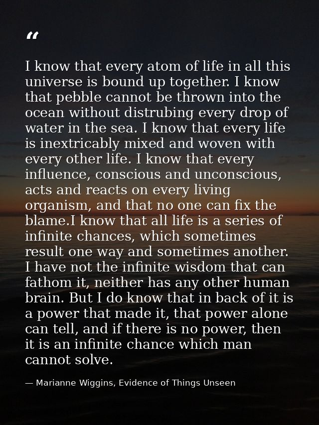 I know that every atom of life in all this universe is bound up together. I know that pebble cannot be thrown into the o — Marianne Wiggins, Evidence of Things Unseen