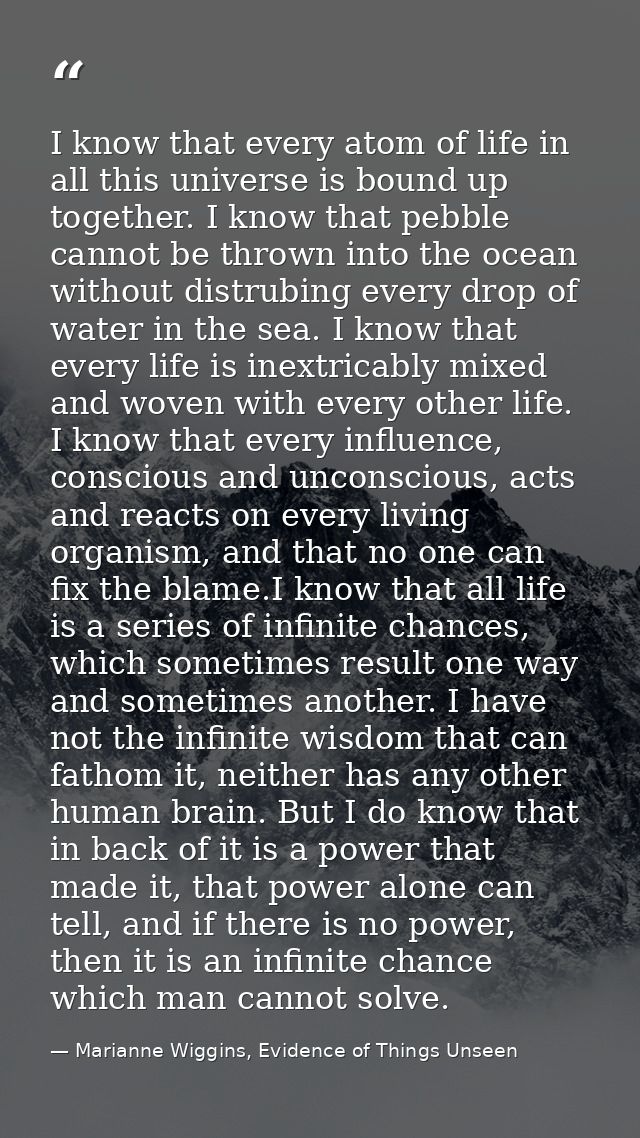 I know that every atom of life in all this universe is bound up together. I know that pebble cannot be thrown into the o — Marianne Wiggins, Evidence of Things Unseen