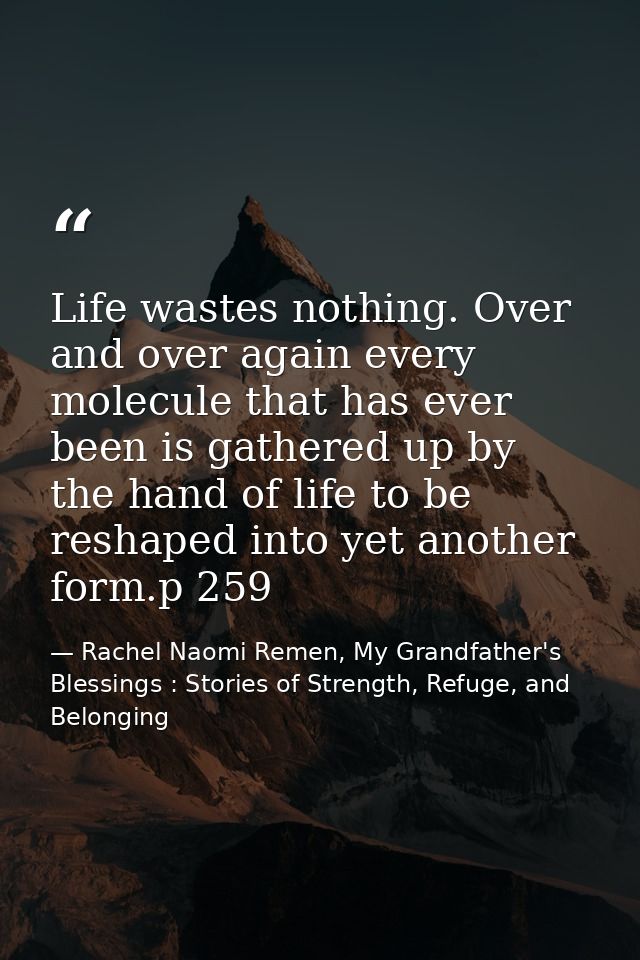 Life wastes nothing. Over and over again every molecule that has ever been is gathered up by the hand of life to be resh — Rachel Naomi Remen, My Grandfather's Blessings : Stories of Strength, Refuge, and Belonging