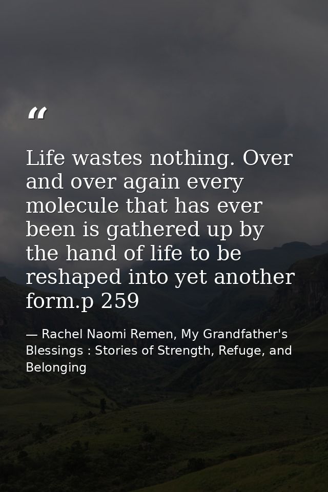 Life wastes nothing. Over and over again every molecule that has ever been is gathered up by the hand of life to be resh — Rachel Naomi Remen, My Grandfather's Blessings : Stories of Strength, Refuge, and Belonging