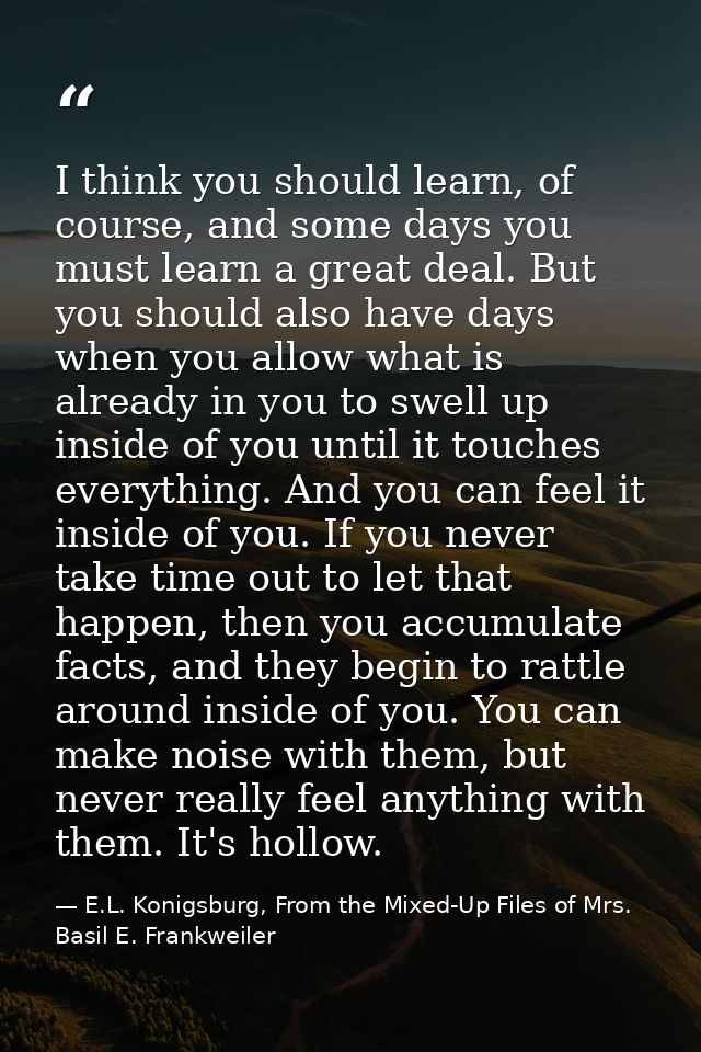 I think you should learn, of course, and some days you must learn a great deal. But you should also have days when you a — E.L. Konigsburg, From the Mixed-Up Files of Mrs. Basil E. Frankweiler