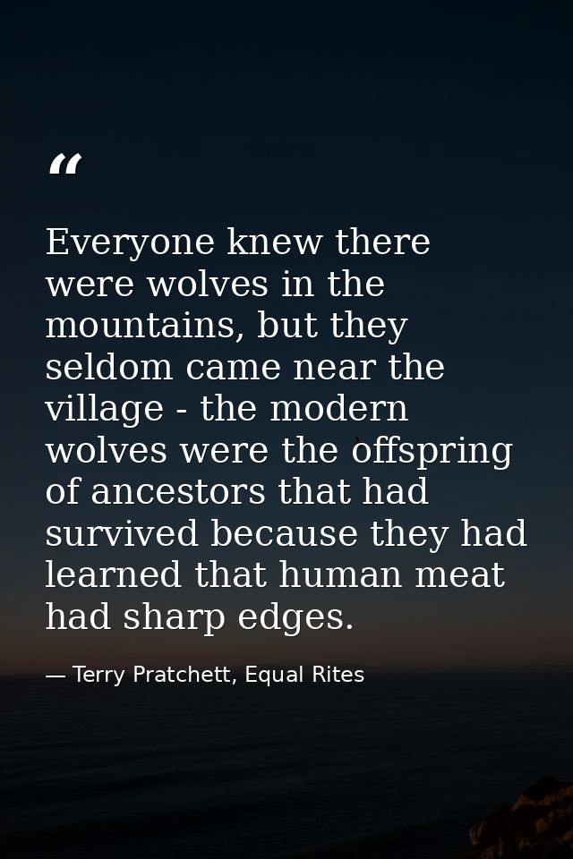 Everyone knew there were wolves in the mountains, but they seldom came near the village - the modern wolves were the off — Terry Pratchett, Equal Rites