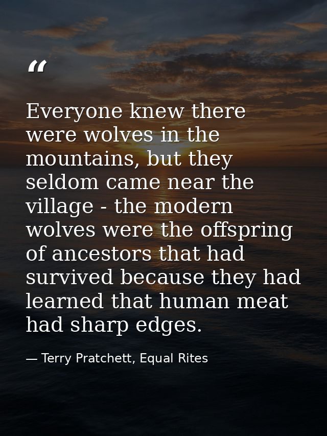 Everyone knew there were wolves in the mountains, but they seldom came near the village - the modern wolves were the off — Terry Pratchett, Equal Rites