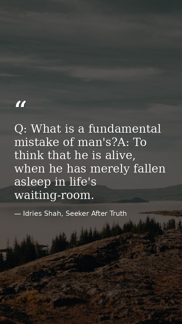 Q: What is a fundamental mistake of man's?A: To think that he is alive, when he has merely fallen asleep in life's waiti — Idries Shah, Seeker After Truth