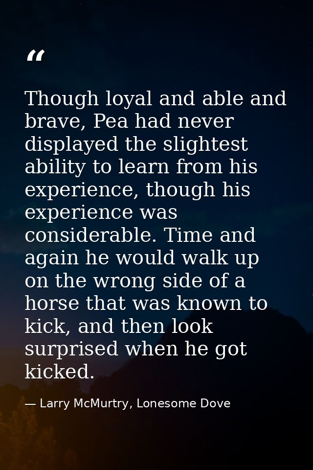 Though loyal and able and brave, Pea had never displayed the slightest ability to learn from his experience, though his  — Larry McMurtry, Lonesome Dove