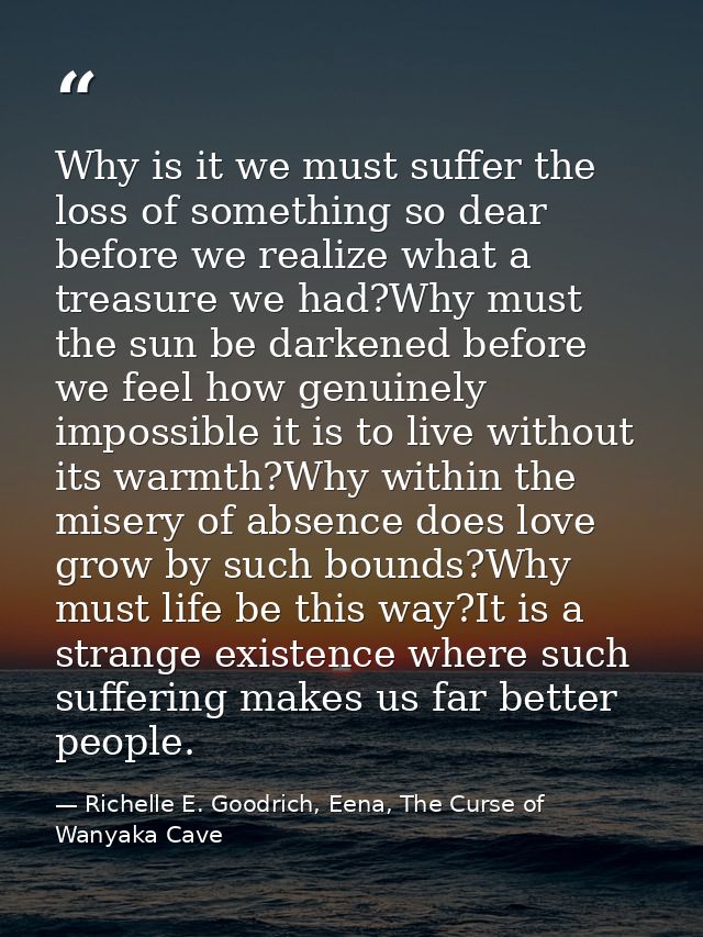 Why is it we must suffer the loss of something so dear before we realize what a treasure we had?Why must the sun be dark — Richelle E. Goodrich, Eena, The Curse of Wanyaka Cave