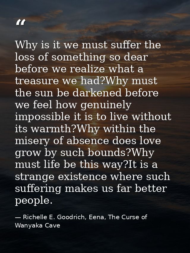 Why is it we must suffer the loss of something so dear before we realize what a treasure we had?Why must the sun be dark — Richelle E. Goodrich, Eena, The Curse of Wanyaka Cave