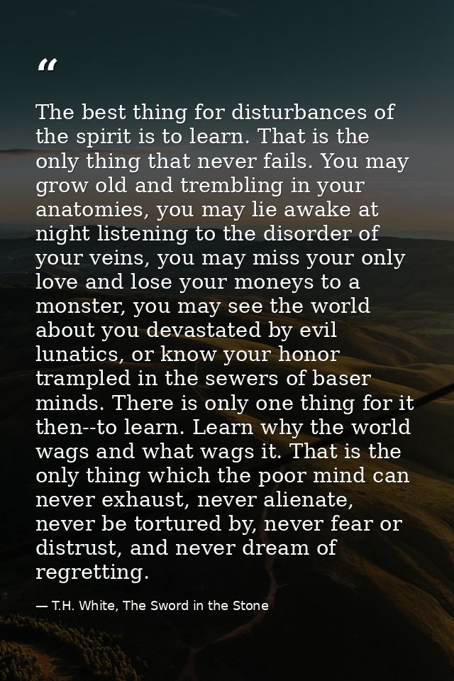 The best thing for disturbances of the spirit is to learn. That is the only thing that never fails. You may grow old and — T.H. White, The Sword in the Stone