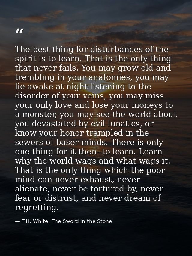 The best thing for disturbances of the spirit is to learn. That is the only thing that never fails. You may grow old and — T.H. White, The Sword in the Stone
