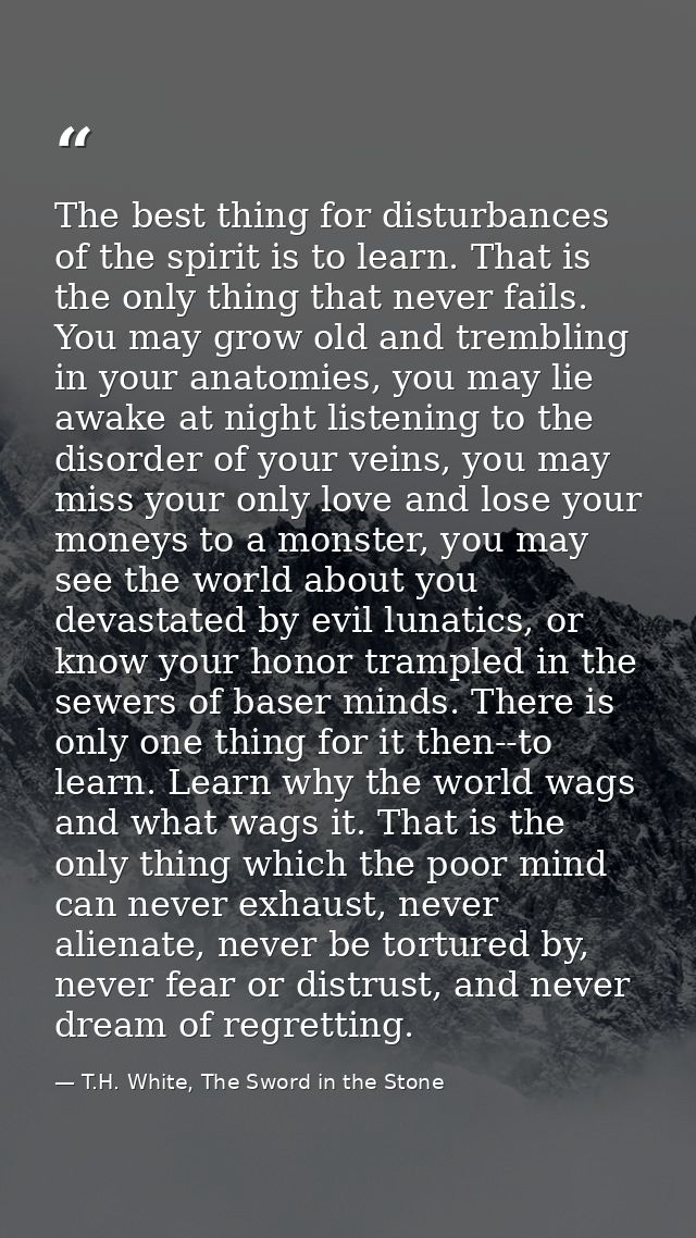 The best thing for disturbances of the spirit is to learn. That is the only thing that never fails. You may grow old and — T.H. White, The Sword in the Stone