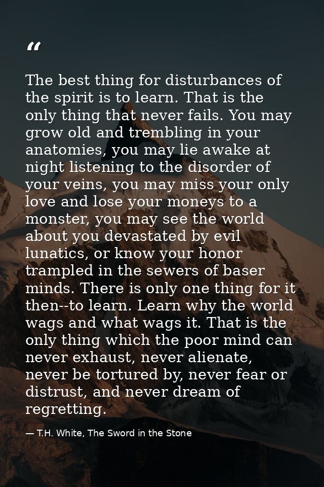 The best thing for disturbances of the spirit is to learn. That is the only thing that never fails. You may grow old and — T.H. White, The Sword in the Stone