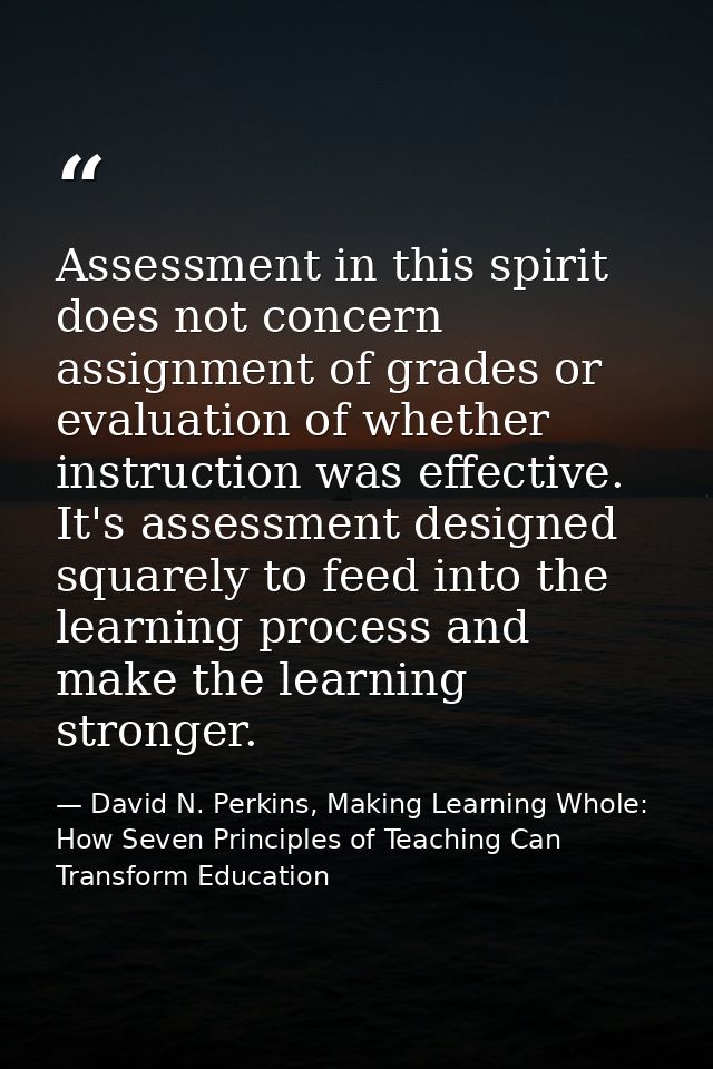 Assessment in this spirit does not concern assignment of grades or evaluation of whether instruction was effective. It's — David N. Perkins, Making Learning Whole: How Seven Principles of Teaching Can Transform Education