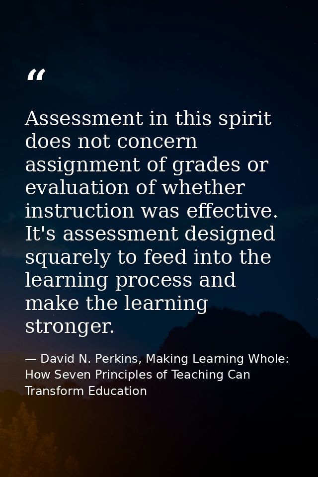 Assessment in this spirit does not concern assignment of grades or evaluation of whether instruction was effective. It's — David N. Perkins, Making Learning Whole: How Seven Principles of Teaching Can Transform Education