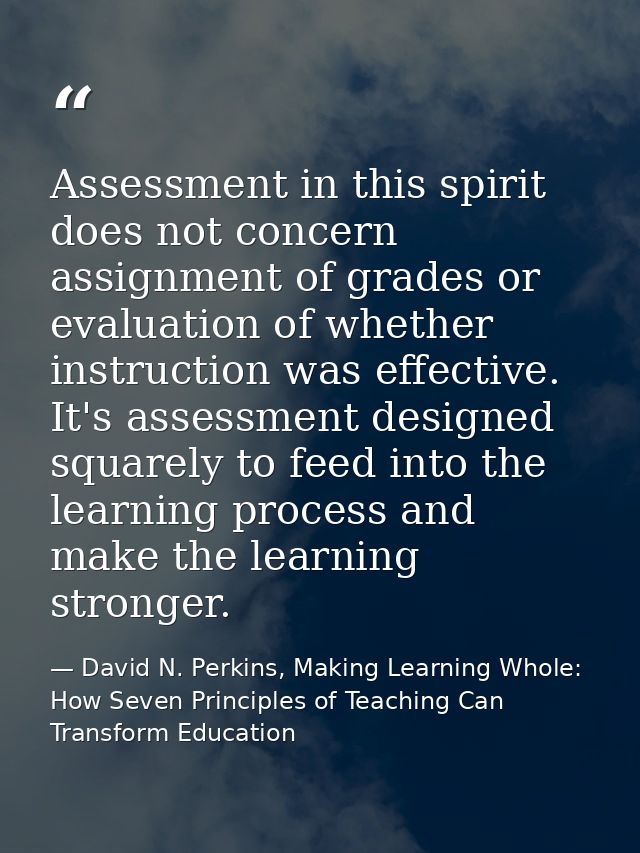 Assessment in this spirit does not concern assignment of grades or evaluation of whether instruction was effective. It's — David N. Perkins, Making Learning Whole: How Seven Principles of Teaching Can Transform Education