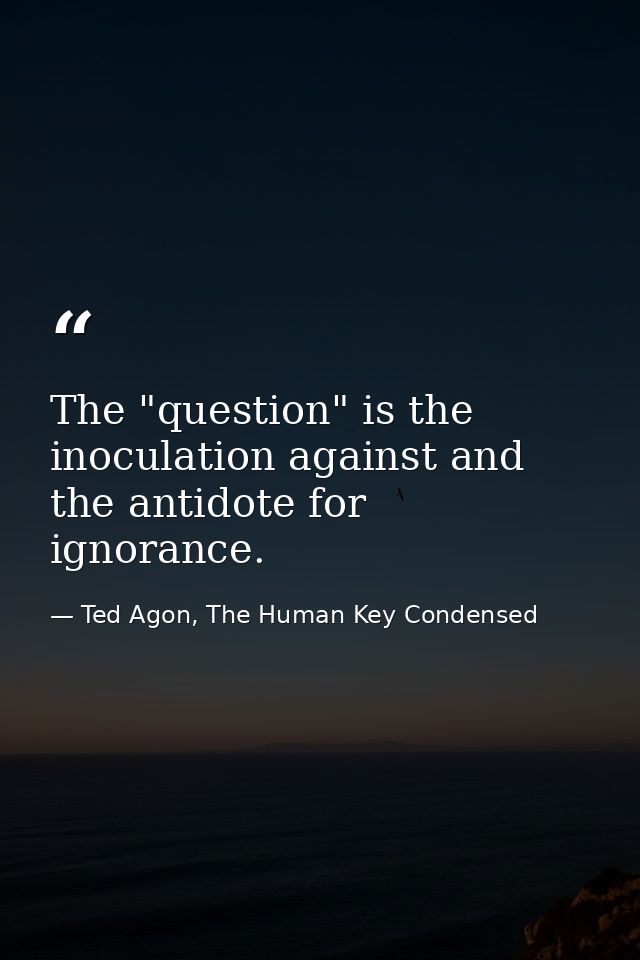 The "question" is the inoculation against and the antidote for ignorance. — Ted Agon, The Human Key Condensed