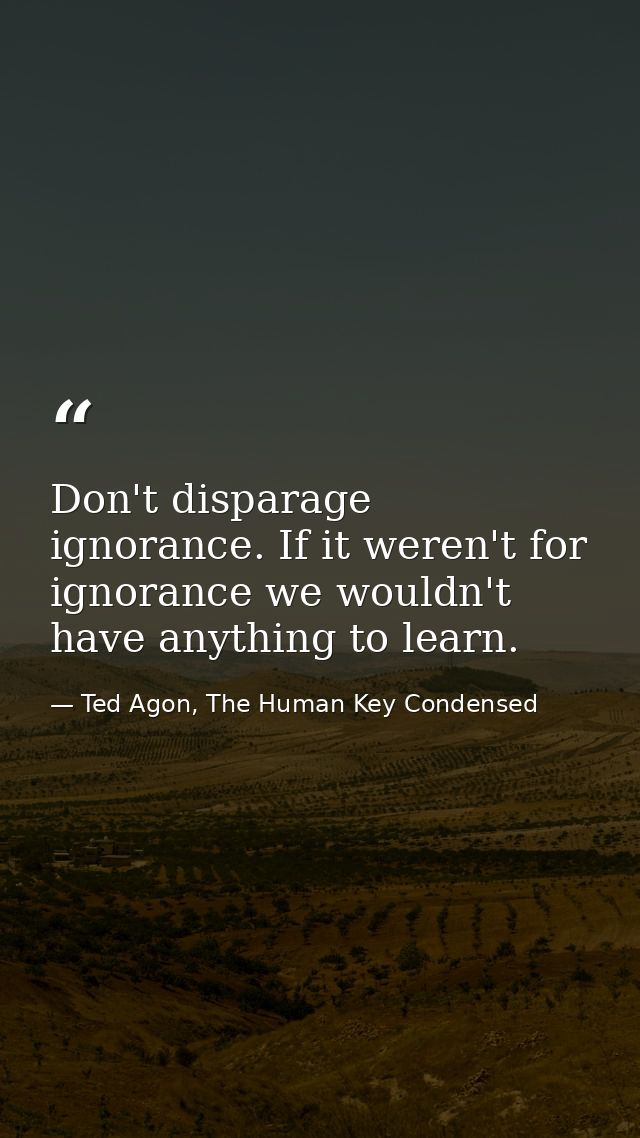 Don't disparage ignorance. If it weren't for ignorance we wouldn't have anything to learn. — Ted Agon, The Human Key Condensed