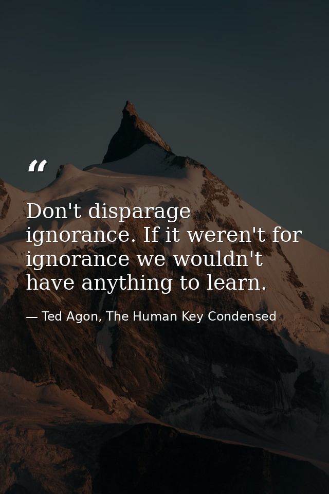 Don't disparage ignorance. If it weren't for ignorance we wouldn't have anything to learn. — Ted Agon, The Human Key Condensed