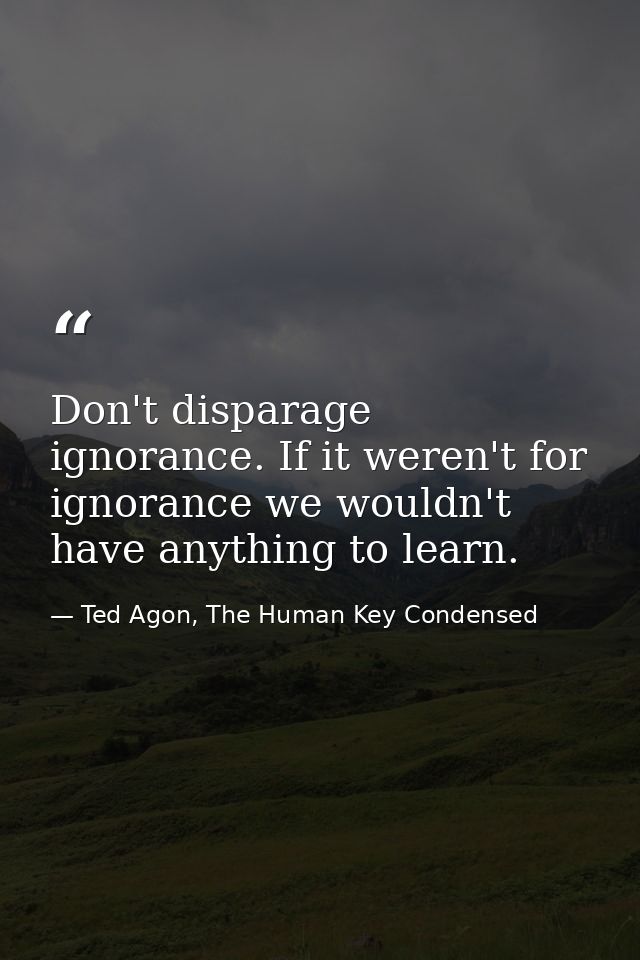 Don't disparage ignorance. If it weren't for ignorance we wouldn't have anything to learn. — Ted Agon, The Human Key Condensed
