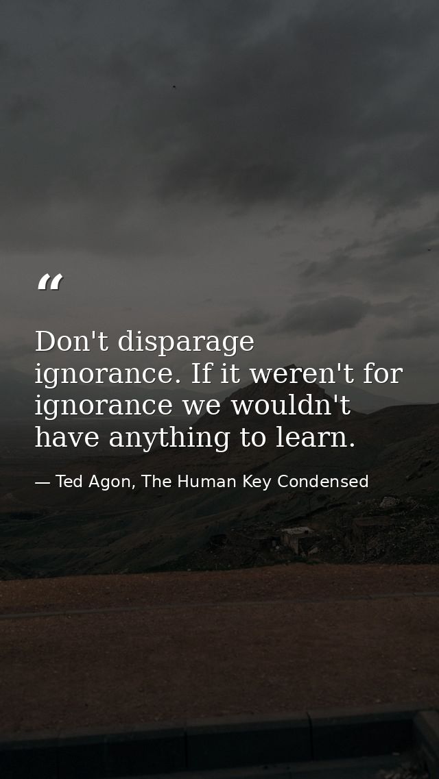 Don't disparage ignorance. If it weren't for ignorance we wouldn't have anything to learn. — Ted Agon, The Human Key Condensed