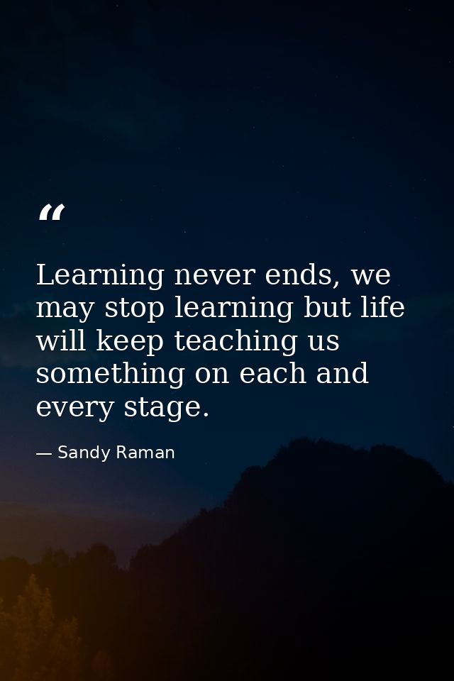 Learning never ends, we may stop learning but life will keep teaching us something on each and every stage. — Sandy Raman