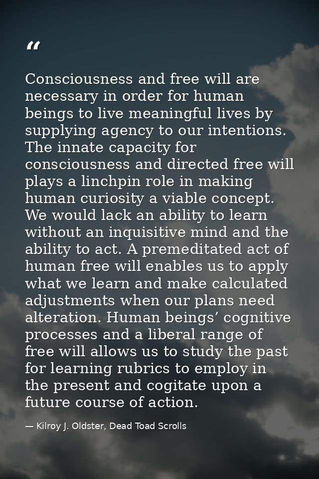 Consciousness and free will are necessary in order for human beings to live meaningful lives by supplying agency to our  — Kilroy J. Oldster, Dead Toad Scrolls