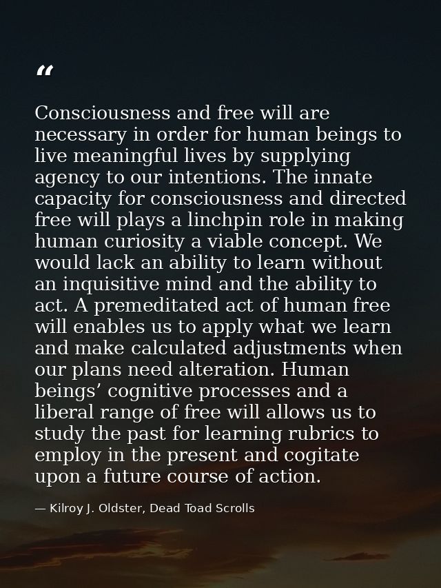 Consciousness and free will are necessary in order for human beings to live meaningful lives by supplying agency to our  — Kilroy J. Oldster, Dead Toad Scrolls