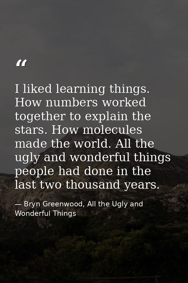 I liked learning things. How numbers worked together to explain the stars. How molecules made the world. All the ugly an — Bryn Greenwood, All the Ugly and Wonderful Things
