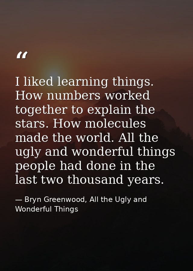 I liked learning things. How numbers worked together to explain the stars. How molecules made the world. All the ugly an — Bryn Greenwood, All the Ugly and Wonderful Things