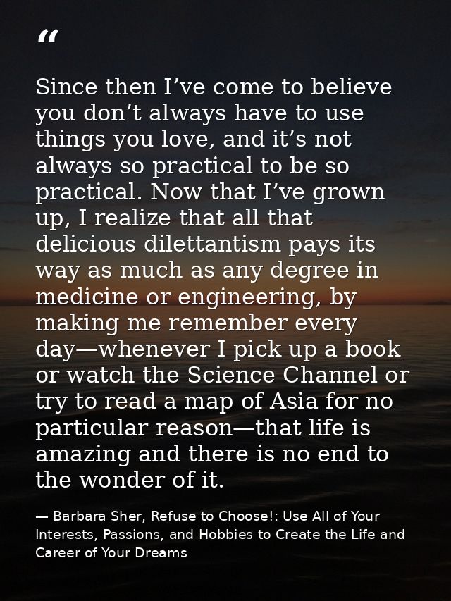 Since then I’ve come to believe you don’t always have to use things you love, and it’s not always so practical to be so  — Barbara Sher, Refuse to Choose!: Use All of Your Interests, Passions, and Hobbies to Create the Life and Career of Your Dreams