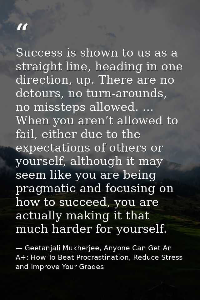 Success is shown to us as a straight line, heading in one direction, up. There are no detours, no turn-arounds, no misst — Geetanjali Mukherjee, Anyone Can Get An A+: How To Beat Procrastination, Reduce Stress and Improve Your Grades
