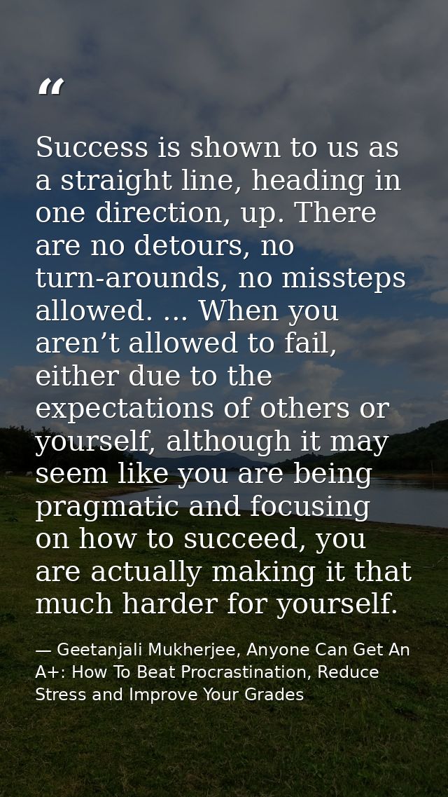 Success is shown to us as a straight line, heading in one direction, up. There are no detours, no turn-arounds, no misst — Geetanjali Mukherjee, Anyone Can Get An A+: How To Beat Procrastination, Reduce Stress and Improve Your Grades