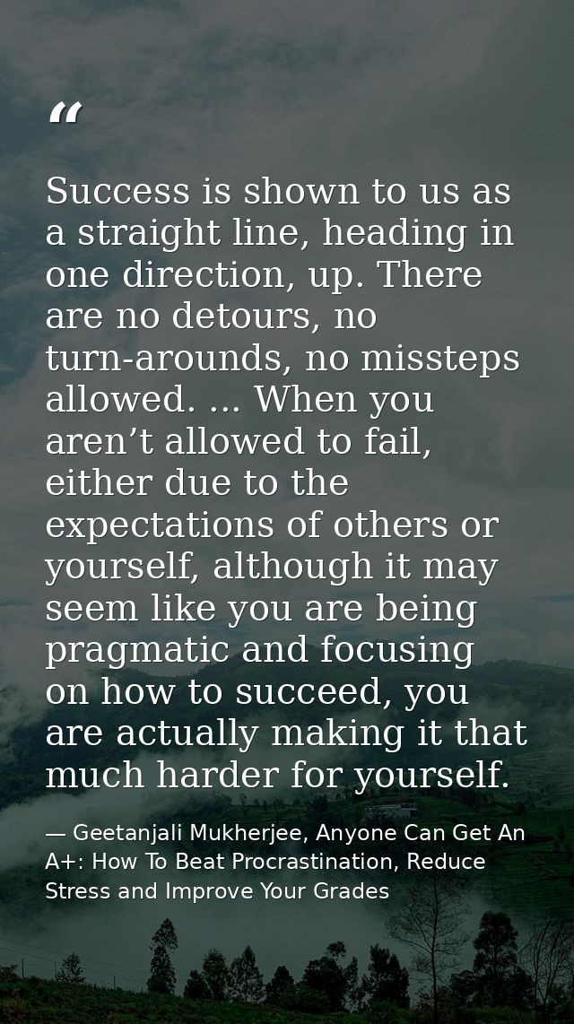 Success is shown to us as a straight line, heading in one direction, up. There are no detours, no turn-arounds, no misst — Geetanjali Mukherjee, Anyone Can Get An A+: How To Beat Procrastination, Reduce Stress and Improve Your Grades