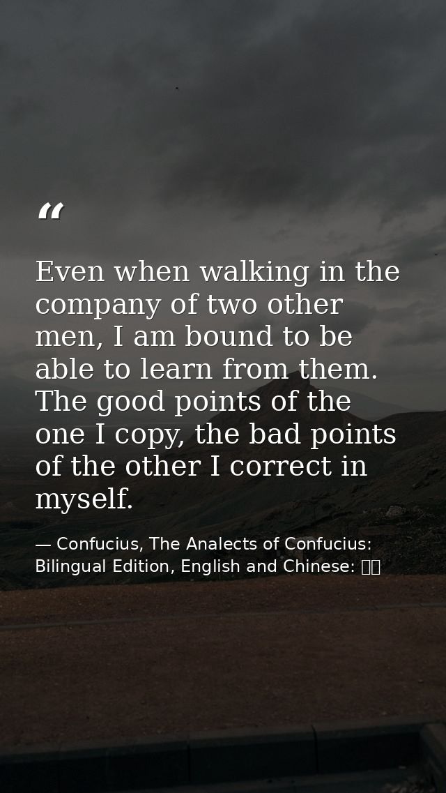 Even when walking in the company of two other men, I am bound to be able to learn from them. The good points of the one  — Confucius, The Analects of Confucius: Bilingual Edition, English and Chinese: 論語