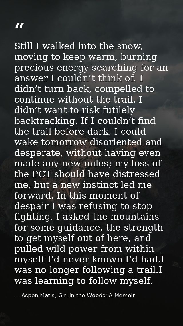 Still I walked into the snow, moving to keep warm, burning precious energy searching for an answer I couldn’t think of.  — Aspen Matis, Girl in the Woods: A Memoir