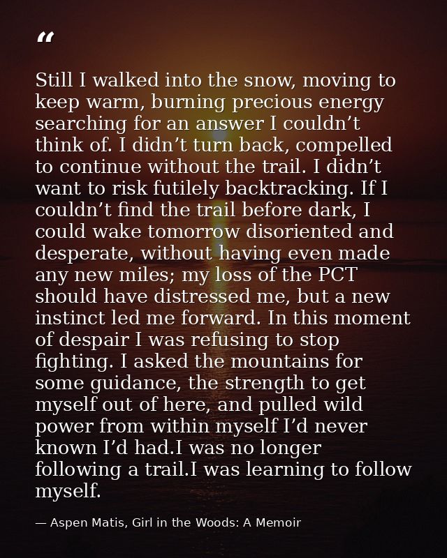 Still I walked into the snow, moving to keep warm, burning precious energy searching for an answer I couldn’t think of.  — Aspen Matis, Girl in the Woods: A Memoir